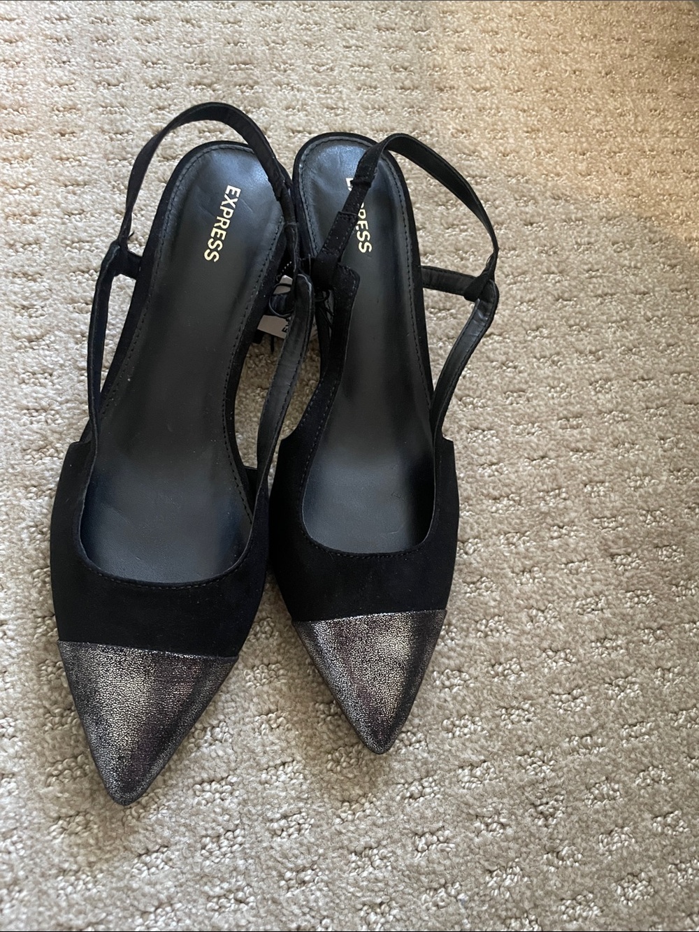 Express Black Slingback Pointed Pumps with Metallic Silver Toe